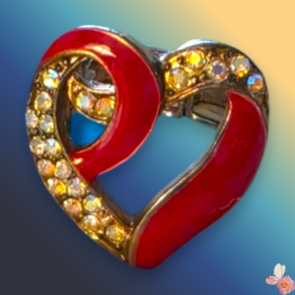 Enamel Heart Swirl Stretch Ring Red & AB Crystal Gold Tone 122